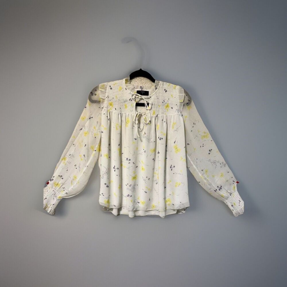 Tahari Floral Blouse Smocked Long Sleeve Top Lightweight SZ SP White Yellow‎ NWT